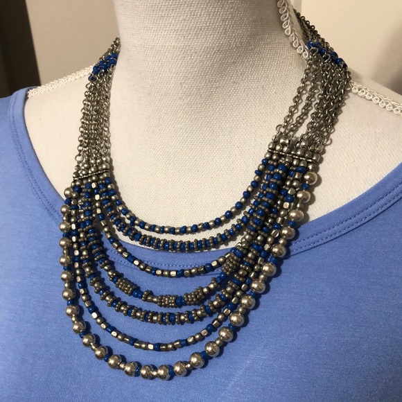 Jewelry - Beautiful NWT Worn Silver Tone & Royal Blue Beaded Bib Statement Necklace!!